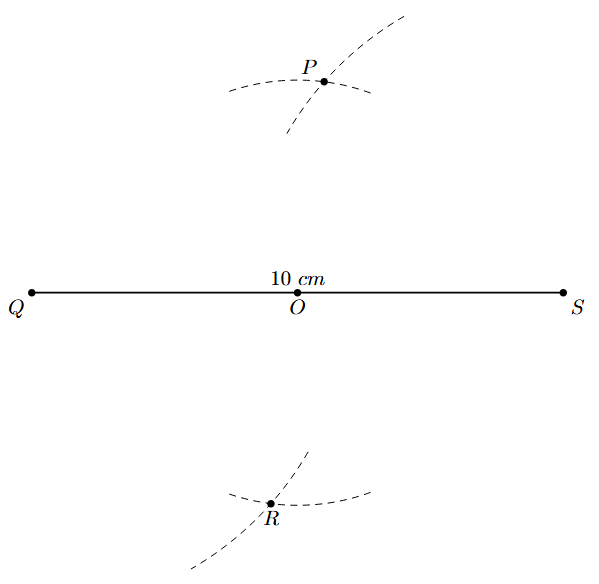 Step 5: Arc from S of 6 cm intersects the other arc from O to locate point P.
